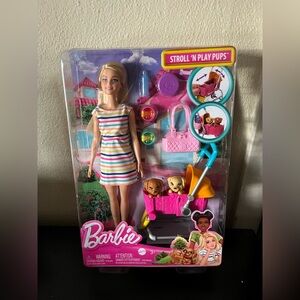 Barbie Pets Stroll & Play Pups Playset with Blonde Doll, Transforming Stroller